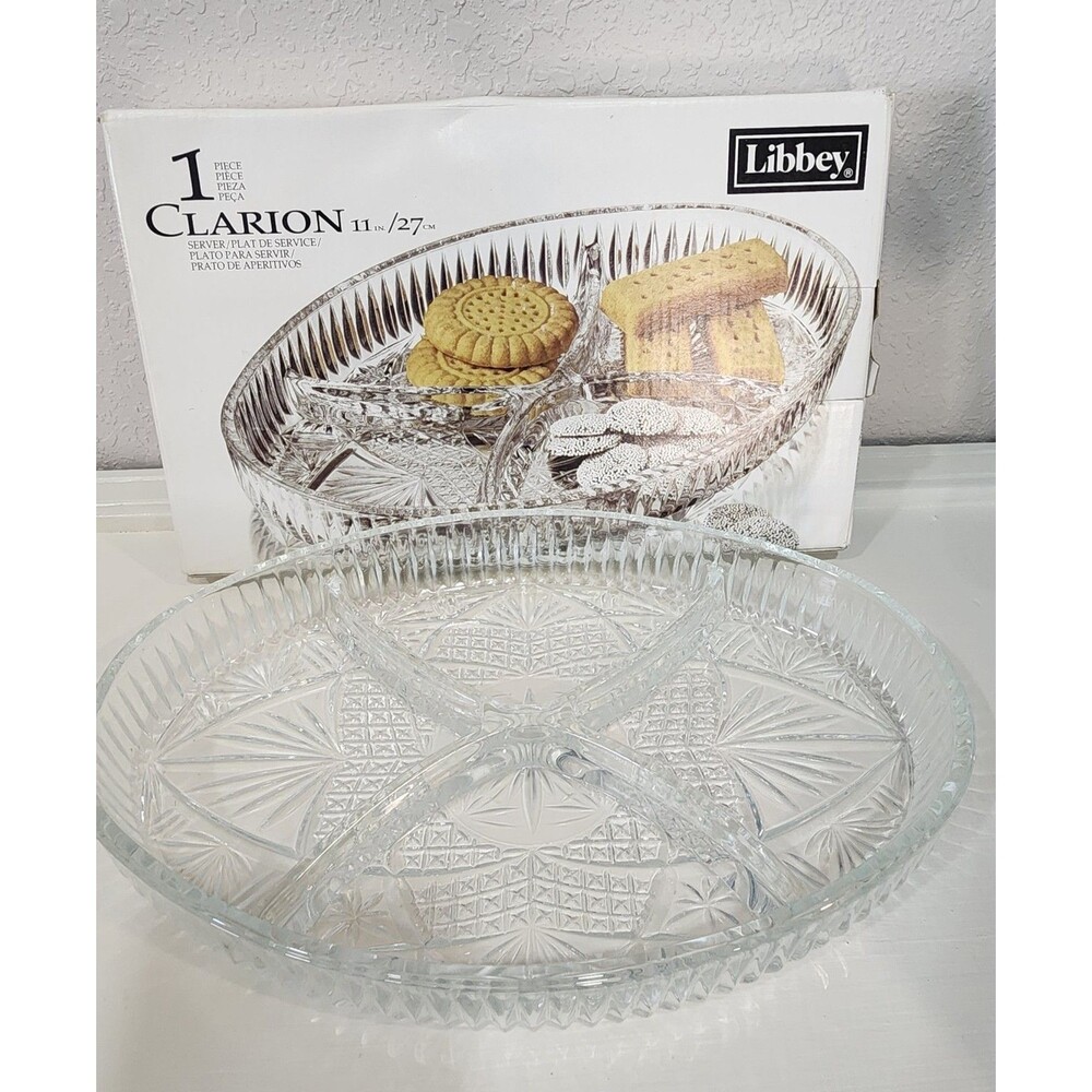 Libbey Clarion 11 in Divided Server Clear Glass 4 Sectional Relish Tray With Box
